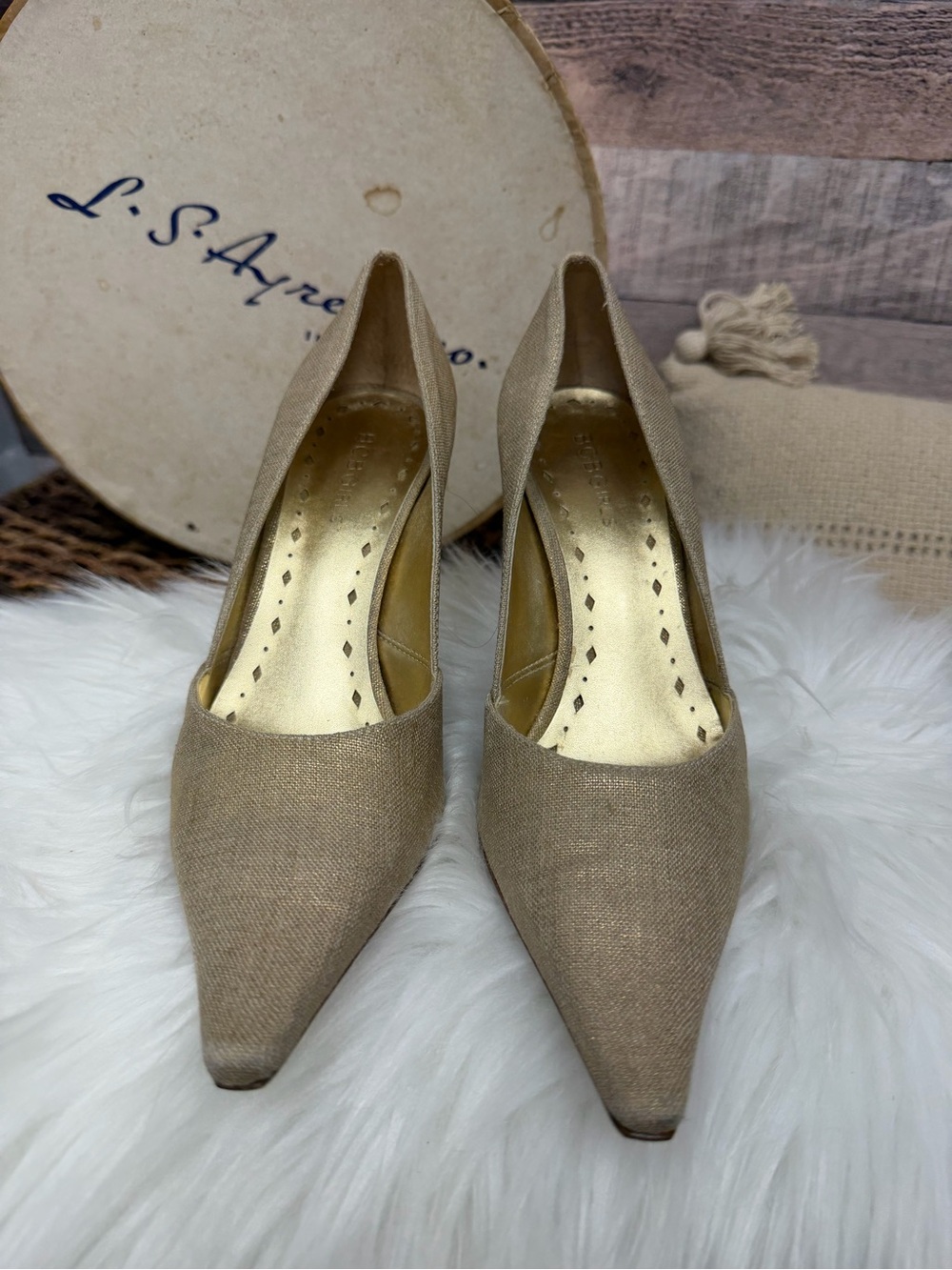 BCBGirls Gold Metallic Linen Heels 6